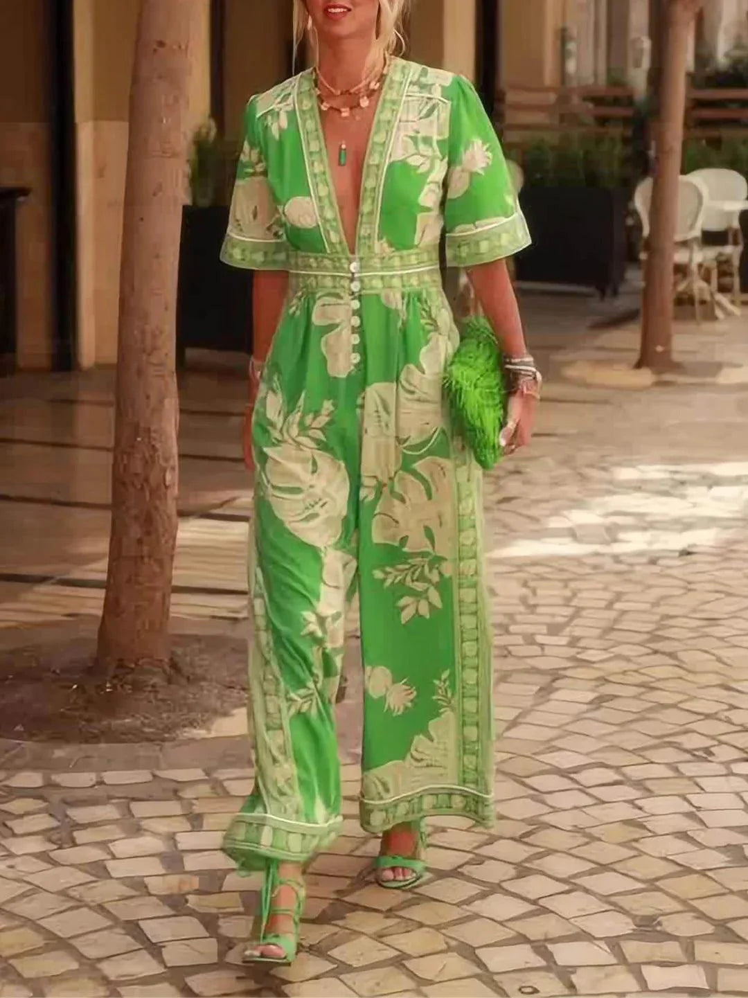 V-Neck Short Sleeve Floral Jumpsuit - Perfect Holiday & Vacation Outfit