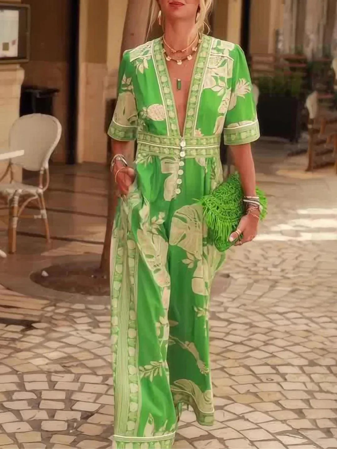 V-Neck Short Sleeve Floral Jumpsuit - Perfect Holiday & Vacation Outfit