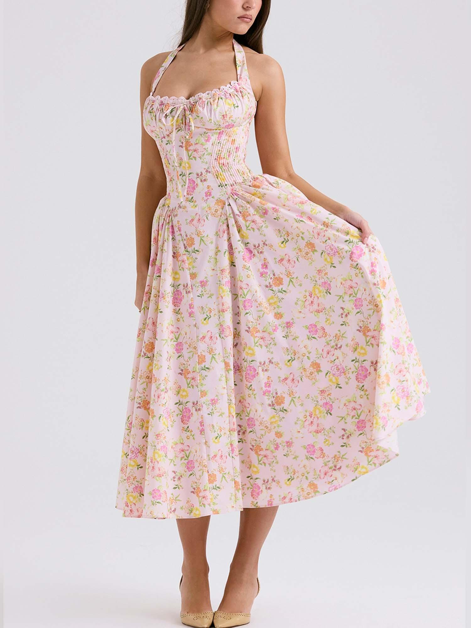 Romantic Floral Print Corset Midi Dress - Vintage Lace-Up Style