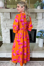 Orange Floral Print Frilly Smocked V Neck 3/4 Sleeve Long Dress