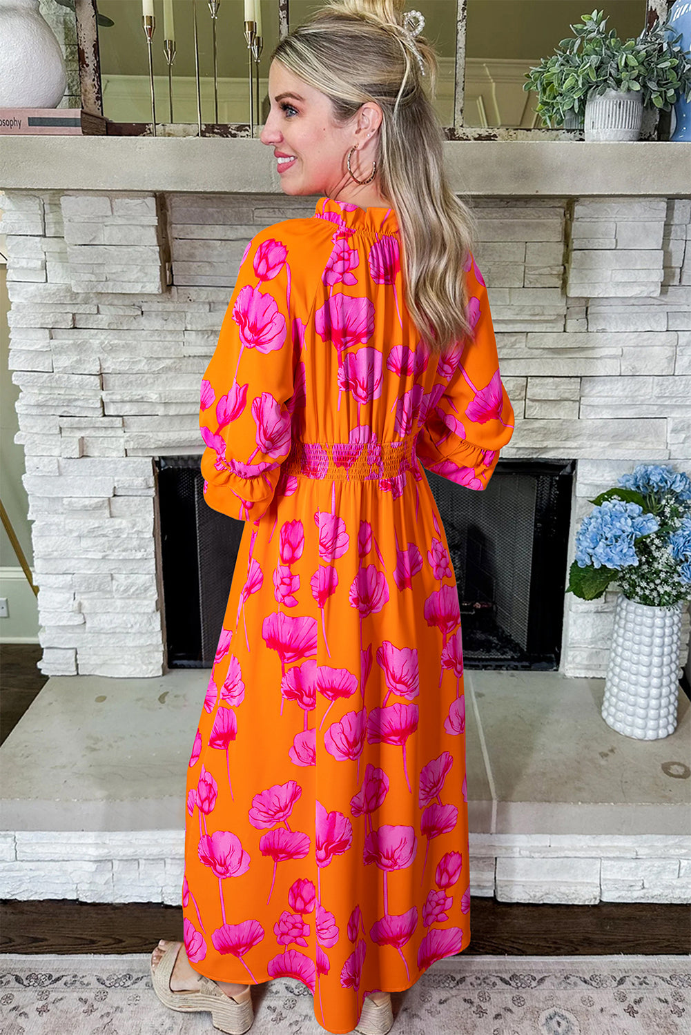 Orange Floral Print Frilly Smocked V Neck 3/4 Sleeve Long Dress