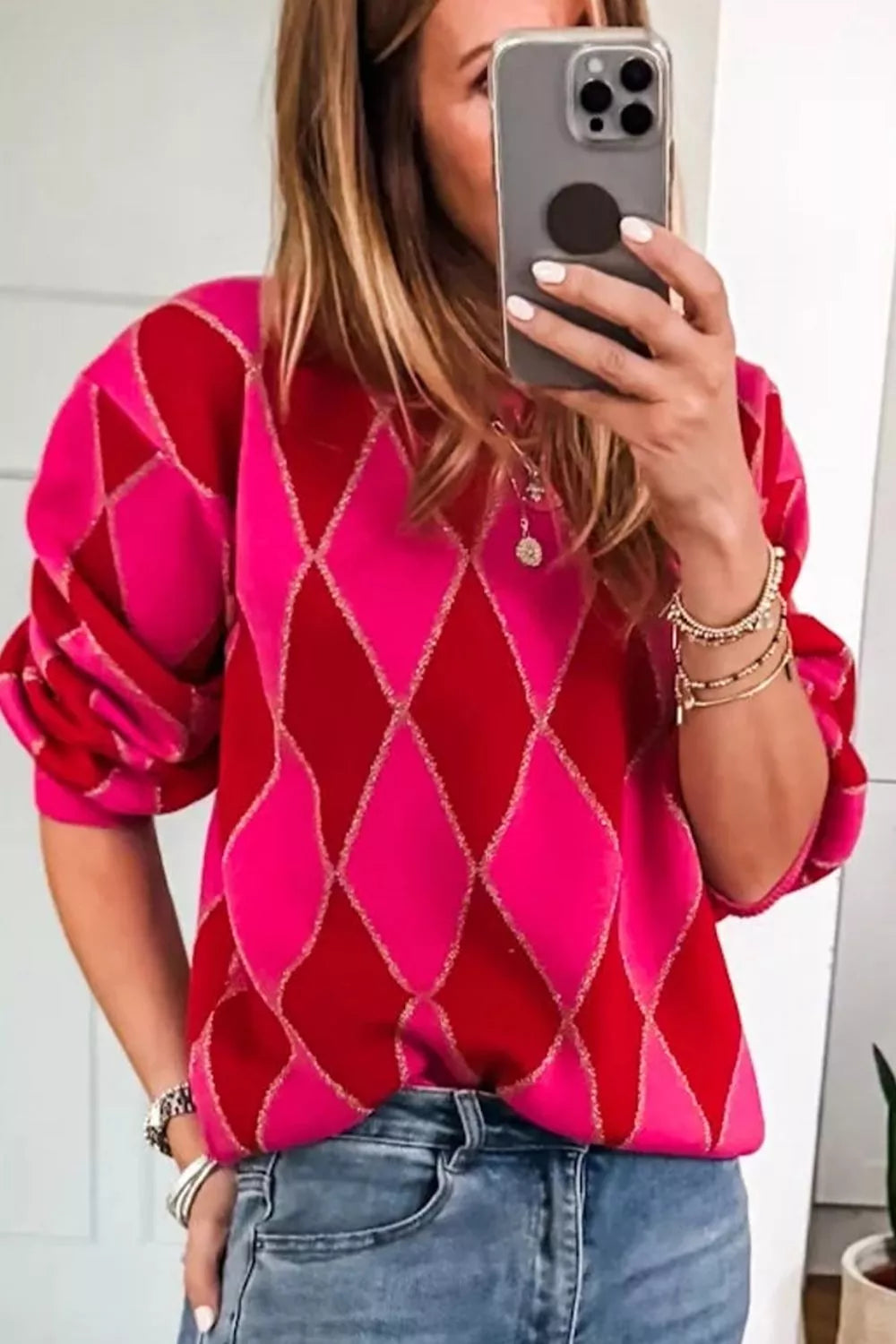 Argyle Pattern Long Sleeve Sweater