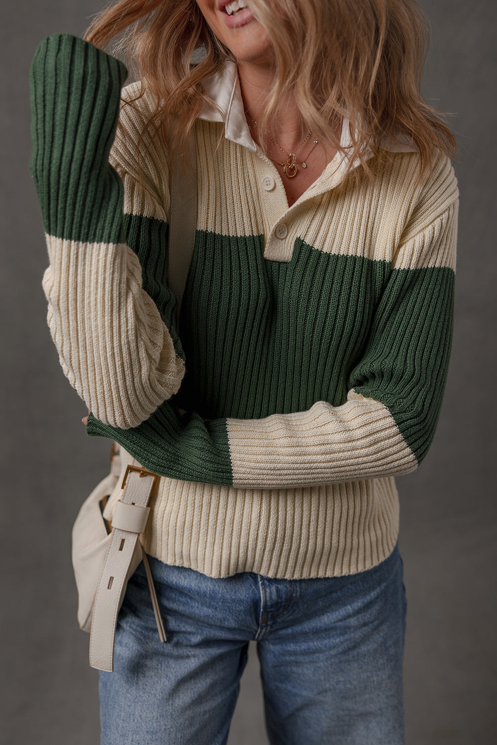 Blackish Green Ribbed Color Block Knit Shirt Collar Patchwork Slim Sweater