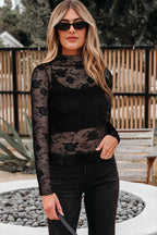 Black Sheer Floral Lace Mesh Mock Neck Long Sleeve Top