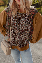 Brown Leopard Floral Print Ribbed Puff Sleeve Patchwork Loose Pullover