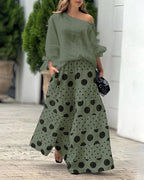 Elegant Casual Shoulder Top and Printed Pants Two-Piece Set for Daily & Holiday Wear
