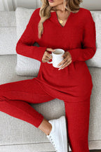 Grass Green Ribbed Notched Neck Knit Long Sleeve Leggings Two Pieces Lounge Set