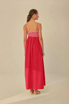 Red Fish Embroidered Maxi Dress - Playful Elegance for Vacation & Parties