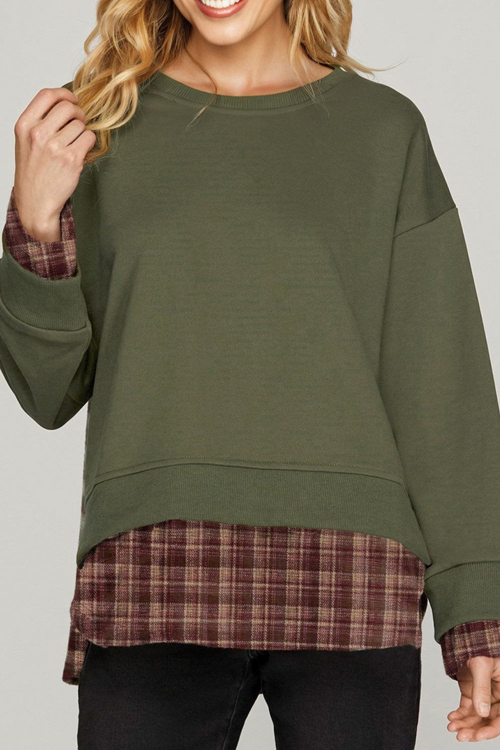 Moss Green Vintage Plaid Patchwork Drop Shoulder Sweatshirt