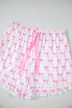 Pink Bowknot Printed Short Sleeve and Ruffled Shorts Pajama Set