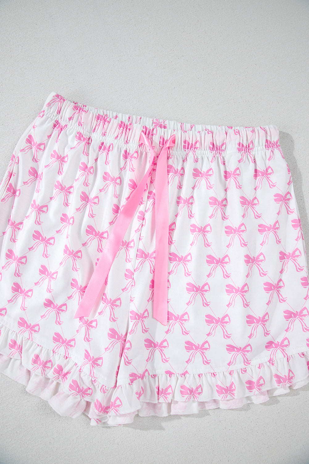 Cute Pink Bowknot Printed Short Sleeve Pajama Set with Ruffled Shorts