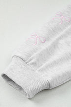 Light Grey Girly Bow Embroidered Detail Puff Sleeve Pullover 2pcs Short Set