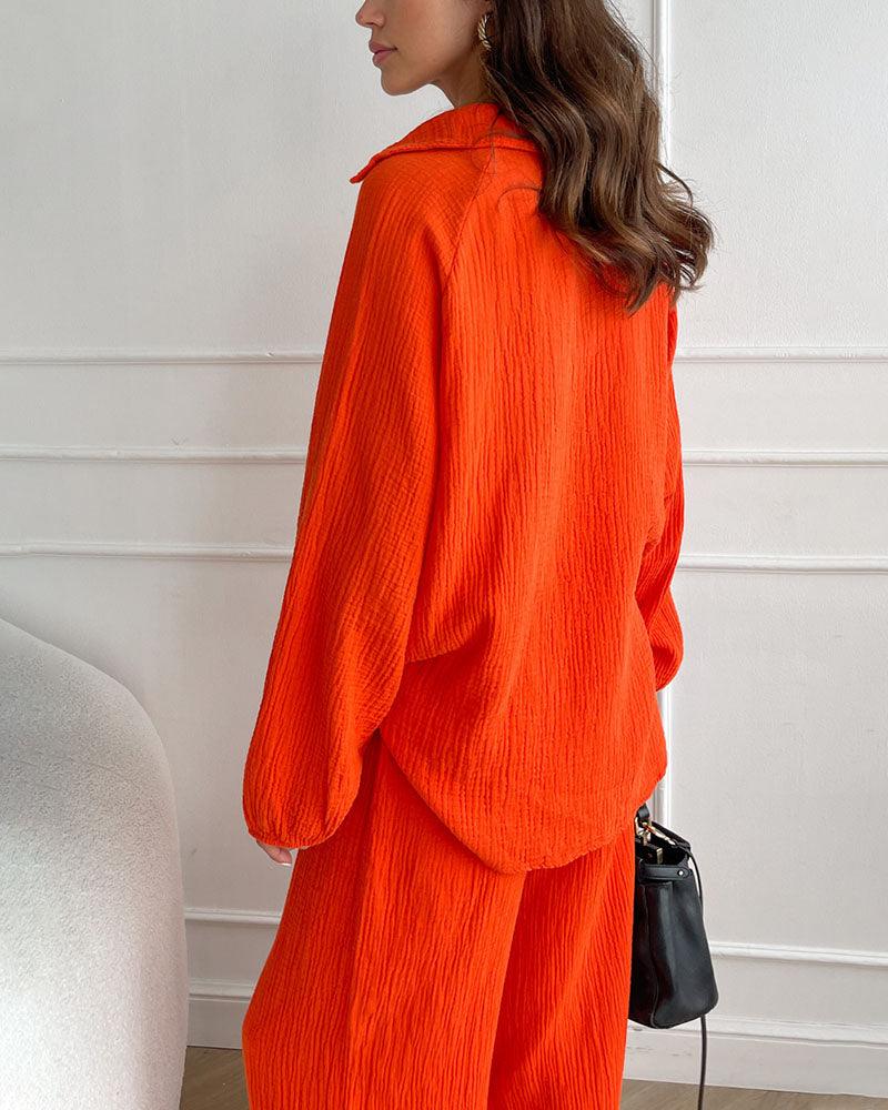 Autumn Casual V-Neck Two-Piece Set for Women - Comfortable Polyester Loungewear