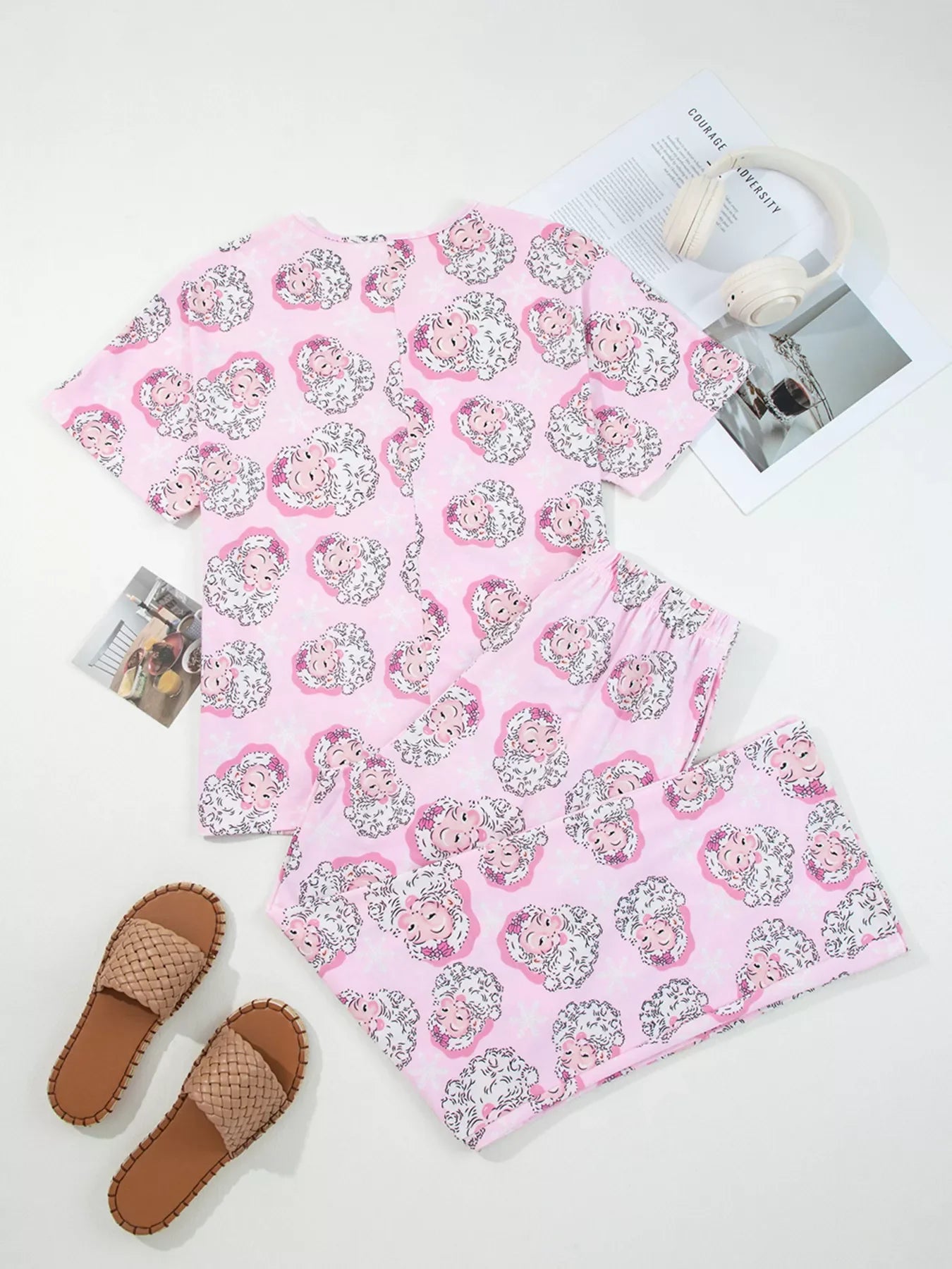 Santa Claus Print V Neck Tee Drawstring Pants 2pcs Lounge Set