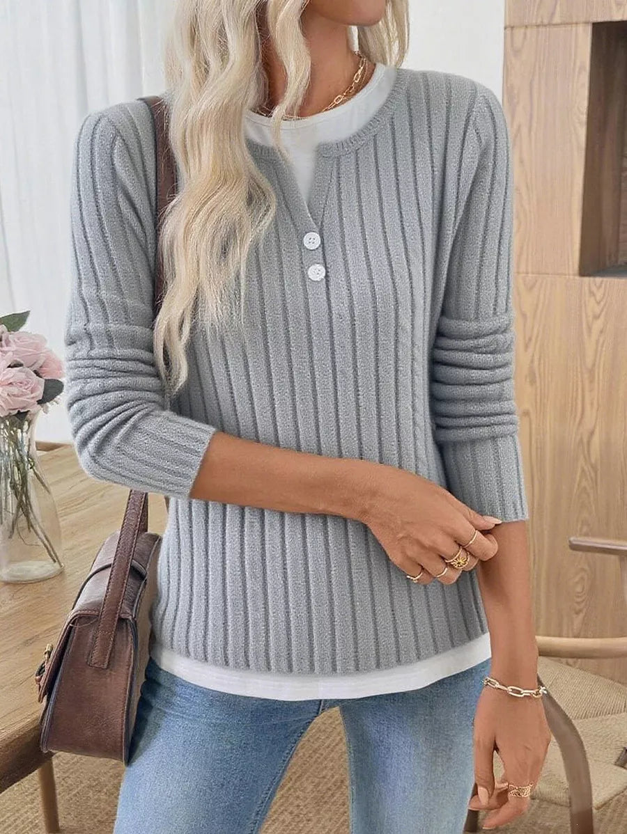 Ribbed Knit Long Sleeve Henley T-Shirt