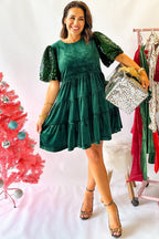 Evergreen Sequin Puff Sleeve High Waist Tiered Velvet Mini Dress