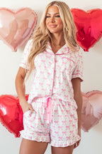 Cute Pink Bowknot Printed Short Sleeve Pajama Set with Ruffled Shorts