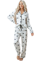 Elegant White Bows Print Two-Piece Sleepwear Set - Long Sleeve Collar Top & High Waist Pants