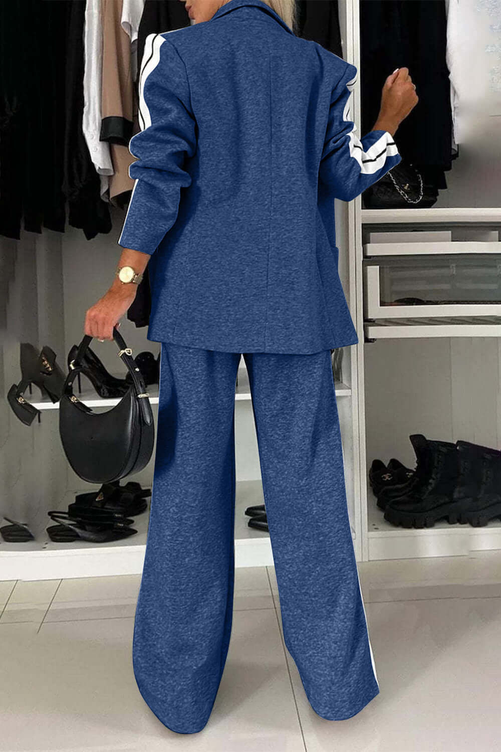 Chic Contrast Lapel Collar Buttoned Top and Pocketed Pants Two-Piece Set - 100% Polyester
