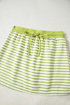 Green Stripe Collared V Neck Drop Shoulder Pullover and Skort 2pcs Outfit