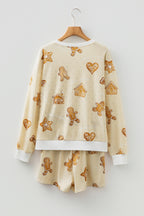 Cozy Beige Gingerbread Man Christmas Print Long Sleeve Pullover & Shorts Lounge Set - Festive Holiday Sleepwear