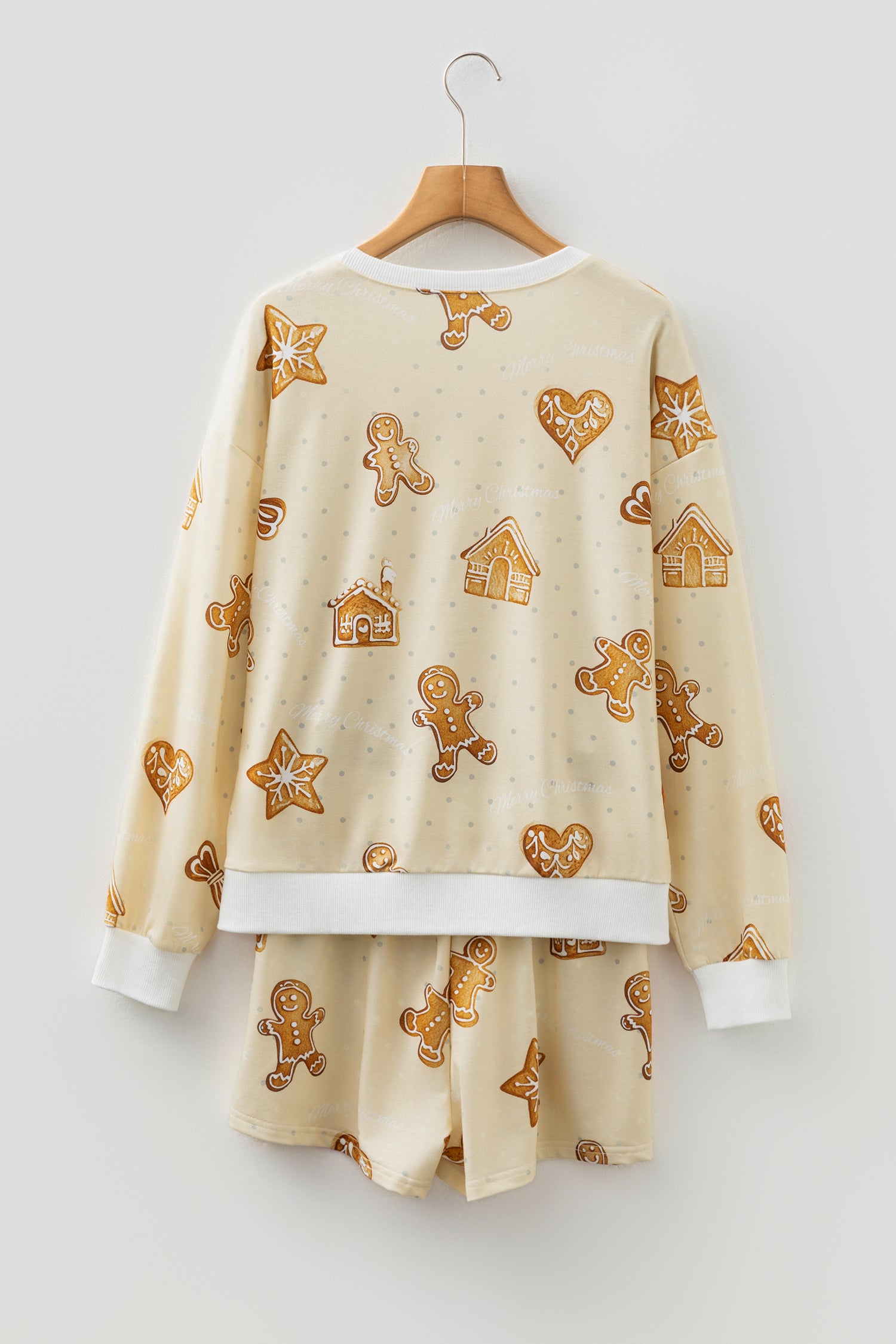 Cozy Beige Gingerbread Man Christmas Print Long Sleeve Pullover & Shorts Lounge Set - Festive Holiday Sleepwear