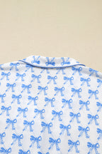 Sky Blue Bow Print Long Sleeve Shirt & Pants Pajama Set - Soft & Cozy Sleepwear for Women