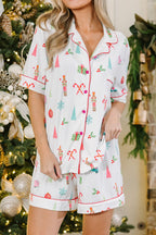 Festive White Christmas Print Short Sleeve Shirt and Shorts Pajama Set for Cozy Lounging