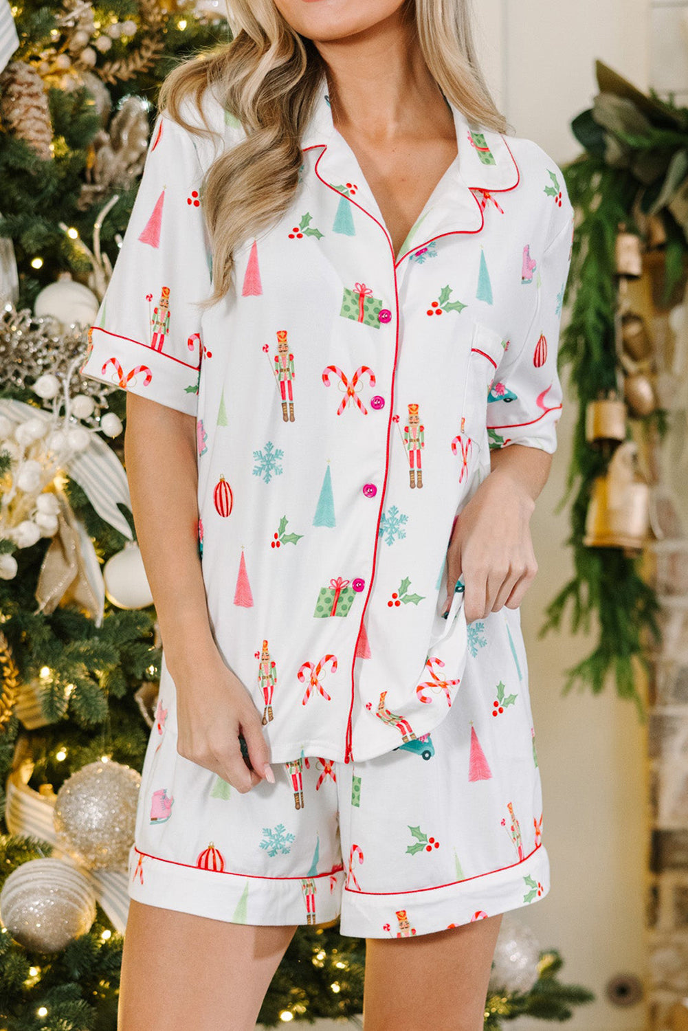 Festive White Christmas Print Short Sleeve Shirt and Shorts Pajama Set for Cozy Lounging