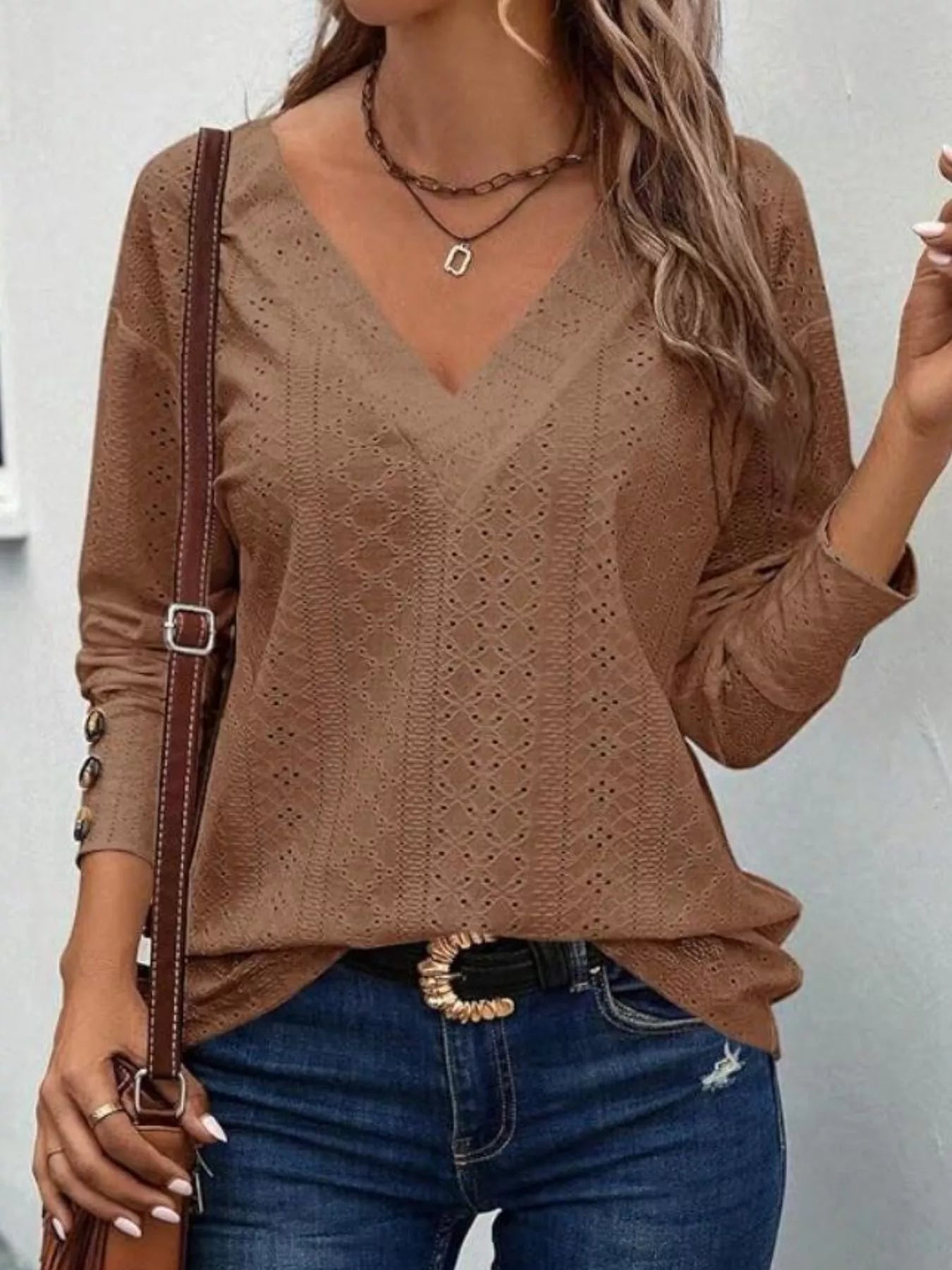 Eyelet V-Neck Long Sleeve T-Shirt