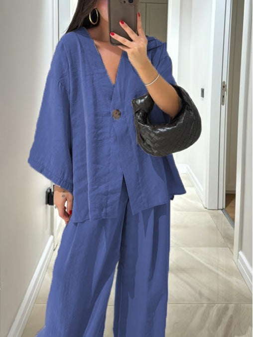 Women's Casual V-Neck Top and Matching Pants Two-Piece Set for Daily, Holiday, and Going Out