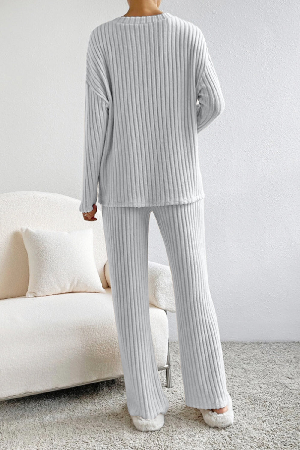 Women's Ribbed V-Neck Top and Pants Loungewear Set - Comfortable & Stylish