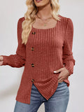 Ribbed Knit Slit Long Sleeve T-Shirt