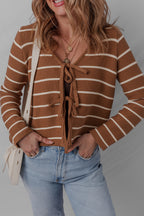 Chestnut Tie Front Striped Knit V Neck Cardigan Sweater