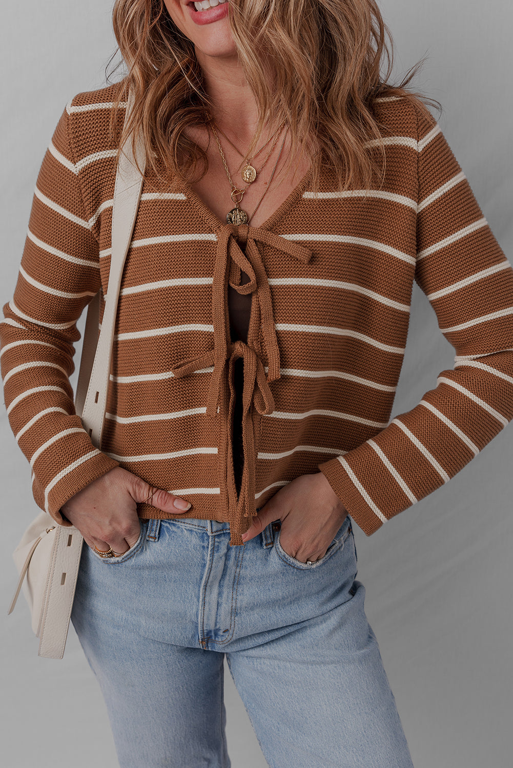 Chestnut Tie Front Striped Knit V Neck Cardigan Sweater