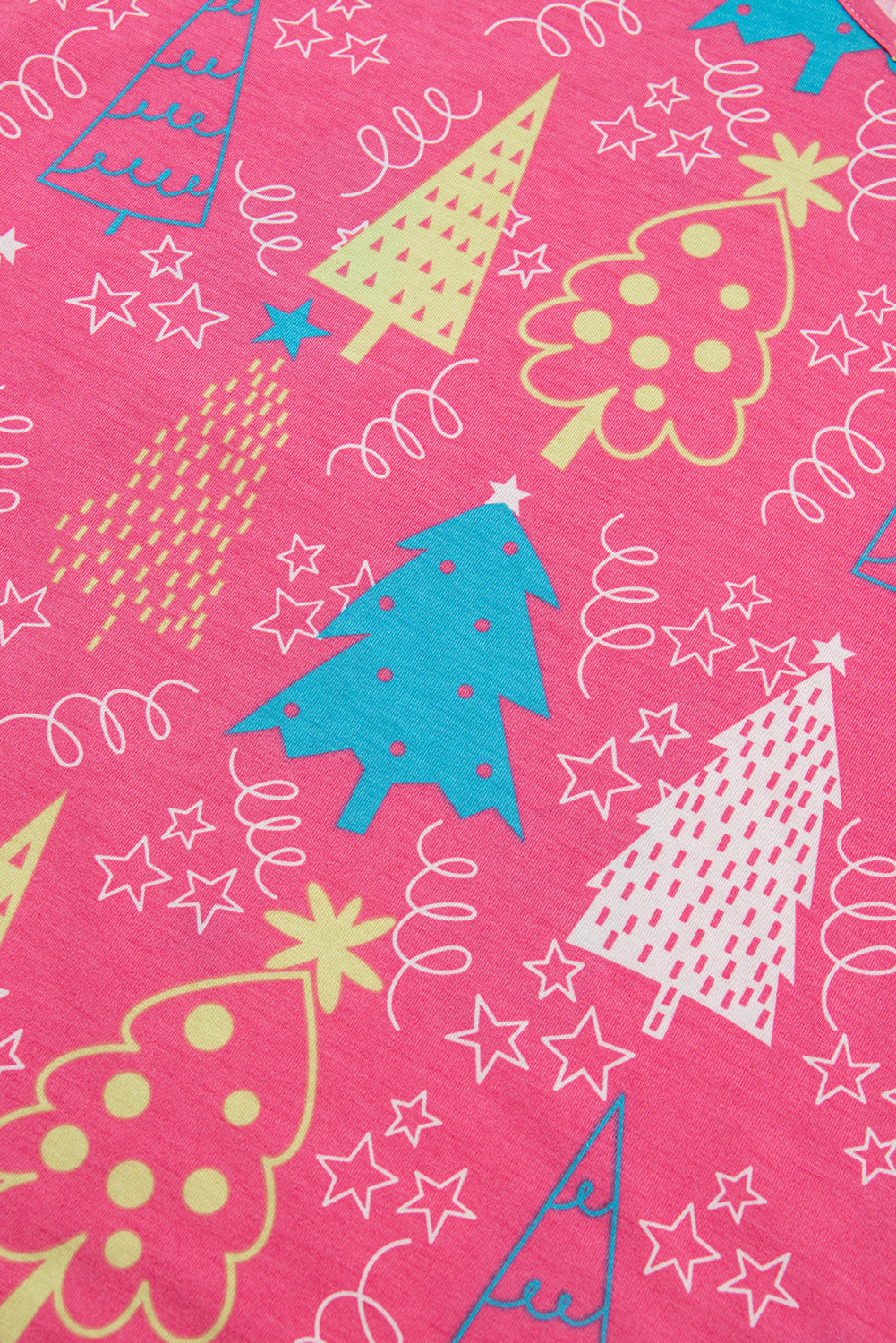 Festive Rose Christmas Tree Print V-Neck Tee and Cozy Pants Lounge Set for Daily Wear
