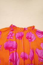 Orange Floral Print Frilly Smocked V Neck 3/4 Sleeve Long Dress