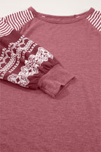 Mineral Red Contrast Print Striped Raglan Long Sleeve Loose Top