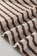 Khaki Stripe Textured Hooded V Neck Casual Long Sleeve Top