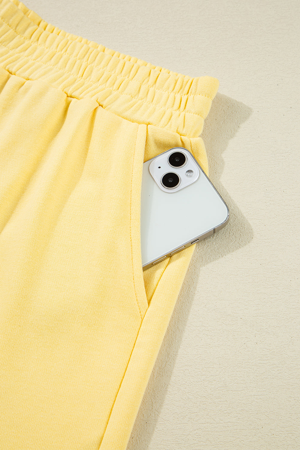 Yellow Color Block Patchwork Half Button Pullover and Shorts 2pcs Outfit