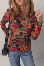 Multicolour Floral Print Lettuce Trim Long Sleeve Mesh Top