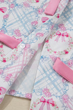 Festive Pink Bow Wreath Pattern Christmas Holiday Tied Front Long Sleeve 2-Piece Pajama Set