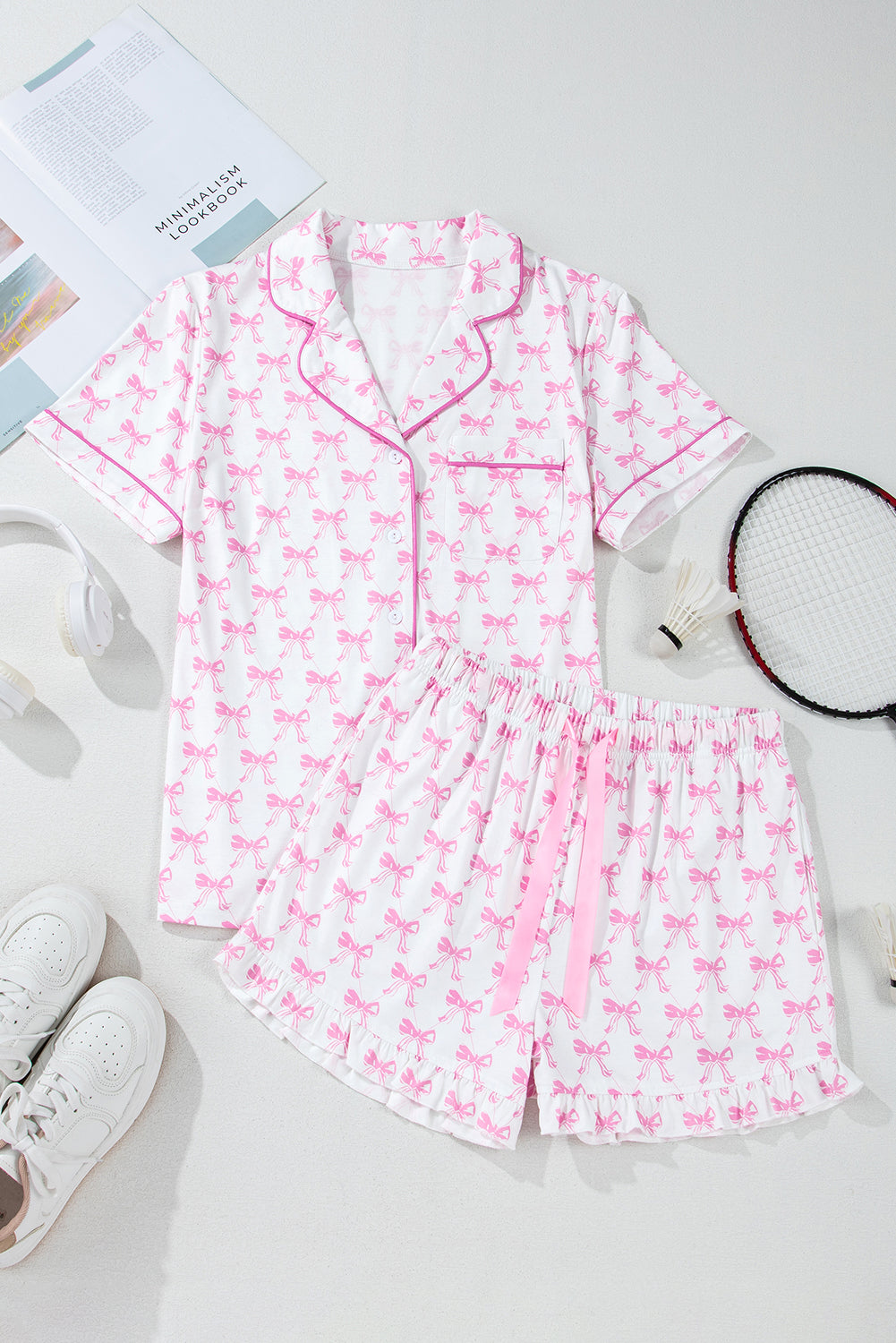 Cute Pink Bowknot Printed Short Sleeve Pajama Set with Ruffled Shorts