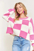ADORA Plus Size Comfy Checkered Colorblock Sweater Top