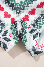 Fiery Red Snowflake Print Long Sleeve Wide Leg Lounge Set for Women - Festive Holiday Sleepwear