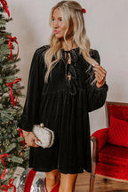 Black Front Tie Velvet Bubble Sleeve Mini Dress