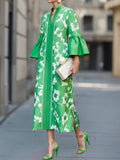 Women's Bell Sleeve Loose Floral Print Side Slit Maxi Dress - Bohemian V-Neck Ruffle Casual Summer Fashion