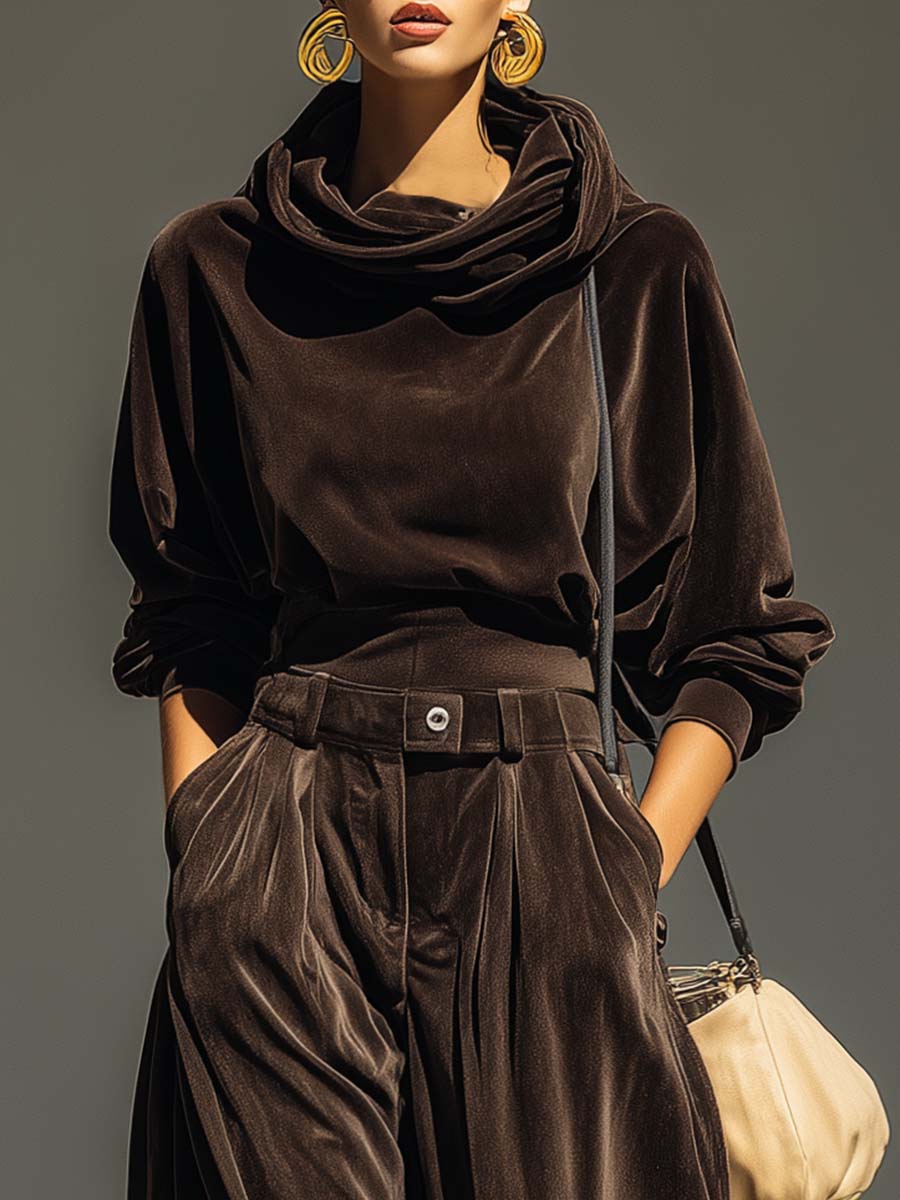 Luxury Vintage Brown Velvet Hoodie & Loose-Fit Trousers Set with Belt - Comfortable & Stylish Loungewear