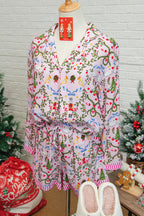 Festive Pink Christmas Holiday Print Nutcracker Long Sleeve Pajama Set with Shorts - 2 Piece Sleepwear