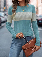 Color Block Ribbed Knit Long Sleeve T-Shirt